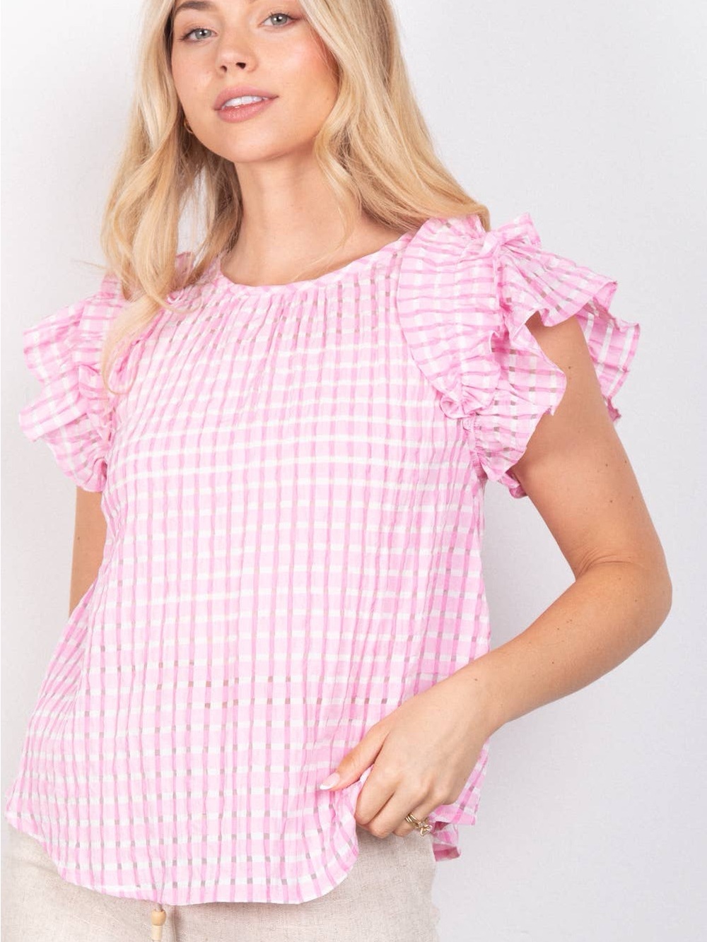 Very J Ruffle Sleeve Top Pink Gingham Large NWT